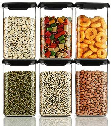 RK EMPIRE Plastic Grocery Container  - 1100 ml(Pack of 6, Black, Clear)