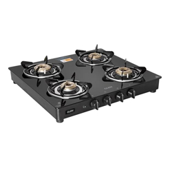 Glen 4 Burner Toughened Glass Top | LPG Gas Stoves | Brass Burners | Black | Auto Ignition | ISI Certified | 1043 GT BB BL AI (Auto ignition)
