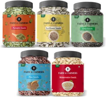 Farm & Farmers Combo of All Edible Seeds Pack- Raw Chia, Pumpkin, Sunflower, Flax, Watermelon Seeds 100GM Each Chia Seeds, Brown Flax Seeds, Pumpkin Seeds, Sunflower Seeds, Watermelon Seeds(500 g, Pack of 5)