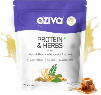 OZiva Protein & Herbs for Men | Muscle Building | No Added Sugar |Recovery and Stamina Whey Protein(907 g, Banana Caramel)