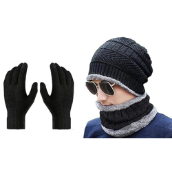 ELEGANCE LIVING Winter Knit Beanie Cap, Neck Warmer Scarf and Woolen Gloves Set for Men