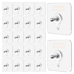 Solitude 20 Pack Heavy Duty Self-Adhesive Screw Hooks as Strong Wall Hanging Solutions Without Drilling for Kitchen and Bathroom Accessories (Screw Hook Hanger, Trasparent)