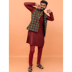 KISAH Mandarin Collar Straight Kurta with Churidar & Printed Nehru jacket