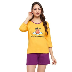 Clovia Women's Cotton Graphic and Text Print Top & Chic Basic Shorts Set (LS0661P07_Mustard_XL)