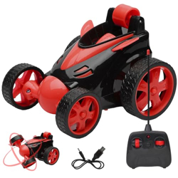 Gooyo DB2060 Rechargeable 5 Functions 360 Rotating & Rolling Small Stunt Car Toy with USB Cable & Remote Controller with Demo Feature | Red Color, Power Source: Lithium Battery in Car (Included)