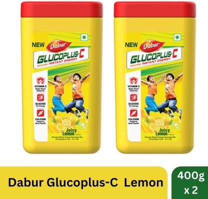 Dabur GlucoPlus-C Instant Energy Glucose Juicy & Tasty (Lemon Powder) Energy Drink(2x400 g, Lemon Flavored)