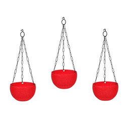 GTB Hanging PLANTERS Round Shape Garden Hanging Flower Port | Plastic Flower Pot | Hanging Planter | Metal Hanging Chain | Flower Pots for Home Garden Balcony Pack of 3 (RED)