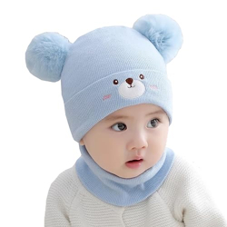 INFISPACE Baby's Woolen Skull Beanie Teddy Cap with Neck Warmer | Knit Woolen Hat Cap Neck Scarf Soft Wool Warm for Boys & Girs (Age: 6 Months to 3 Years) (in, Age, 6 Months, 24 Months, Blue)