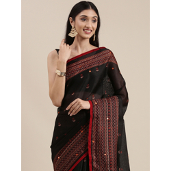 Mitera Black Ethnic Design Mirror Work Jute Silk Saree