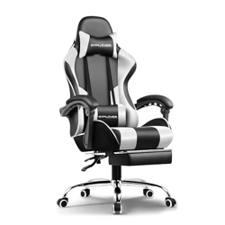 GTPLAYER #1USA Gaming Chair with Massageable Cushion and Footrest, Office Chair for Study Table, Adjustable Swivel Chair with Lumbar Support, Headrest, Ergonomic Design for Office or Gaming (White)