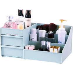 Qshare Cosmetic Storage Box - Plastic 2 Drawer Cosmetic Storage Organizer Makeup Eyeshadow Lipsticks Jewelry Stationery, Cosmetic Organiser for Women, Vanity Display Case for Dressing Table (Blue)
