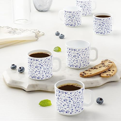 Larah by Borosil Blue Spring Opalware Mug, Set of 6 Tea/Coffee Mugs, 100 ml Each, Microwave & Dishwasher Safe, Bone-Ash Free, Crockery Set Ideal for Daily Use & Gifting, White
