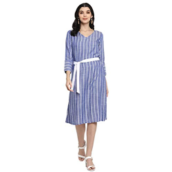 DEEBACO Women's Shift Midi Rayon Printed Striped Dresses for Women 3/4Th Sleeves V-Neck Straight Dresses for Girls with Belt (DBDR00000226_M_Blue)