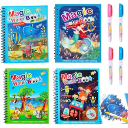 Crowd Clicks Kid's Magic Water Coloring Books Unlimited Fun with Drawing Reusable Water-Reveal Activity Pad, Chunky-Size Water Pen for Kids - Random Design [4 Books|4 pens]