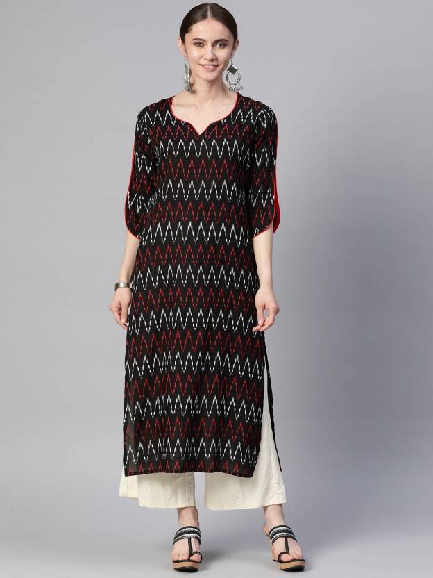 Women Printed Viscose Rayon Straight Kurta(Black)