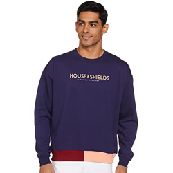Amazon Brand - House & Shields Men's Relaxed Fit Crew Neck Cotton Blend Sweatshirt (HS-A22-SW-03_Medieval Blue,Yellow_XL)