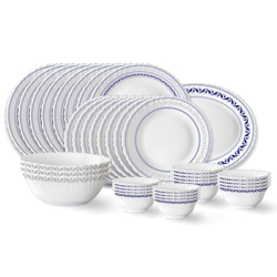 Larah by Borosil Jazzblue Fluted Series Opalware Dinner Set | 36 Pieces for Family of 8 | Microwave & Dishwasher Safe | Bone-Ash Free | Crockery Set for Dining & Gifting | Plates & Bowls | White