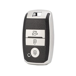 JVCV Premium Soft TPU Leather Pattern Key Cover Compatible with Kia Seltos Sonet Carens 3 Button Push Start Car Key (Silver Black)