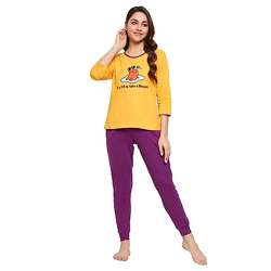 Clovia Women's Cotton Graphic Print Top & Solid Pyjama Set (LS0581P07_Yellow_XXL)