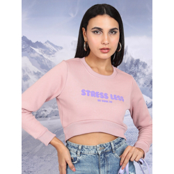 Tokyo Talkies Pink Typography Printed Long Sleeves Cropped Pullover