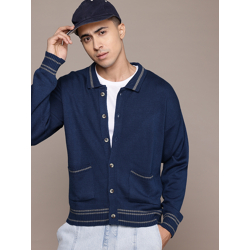 Roadster Stripe Detailed Drop-Shoulder Pure Acrylic Buttoned & Collared Cardigan