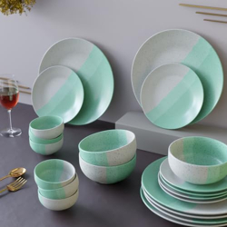 The Earth Store Tritone Green Matte Marble 21 Piece Ceramic Dinner Set, 6 Full Dinner Plates, 6 Quarter Plates, 6 Vegetable Bowls, 3 Snack Bowls | Microwave & Dishwasher Safe | Diwali Gifts Set