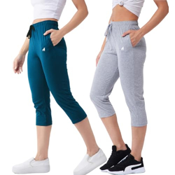 Modeve  Women Solid Teal and Light Grey Cotton Blend Pack of 2 Capri (Medium)