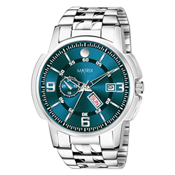 Matrix Black, Blue, White Dial, Day & Date Functioning, Stainless Steel Strap Analog Watch for Men & Women (Green)