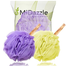 Midazzle Luxury Bathing Loofah Sponge Exfoliator Scrubber for High Lather Cleansing (Large, 55g, Pack of 2, Purple & Yellow)