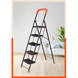 Bathla Ascend Steel 5 Step Heavy Duty Ladder for Home | Wide Anti-Slip Steps | 5 Year Manufacturer Warranty | Safety Hand Grip & Secured Joints (Orange & Black)