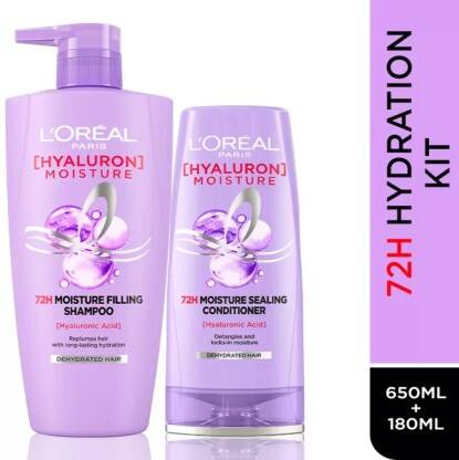 L'Oral Paris Hyaluron Moisture Shampoo 650ml + Conditioner 180ml Combo for 72HR Hydrated Hair(2 Items in the set)