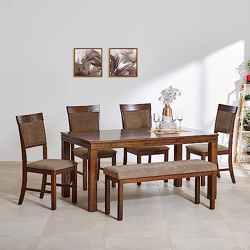 Home Centre 6 Seater Hercules Rubber Wood Dining Set with 6 Chairs | Rubber Wood Dining Table Sets for Dining Room|(Walnut) 1 Year Warranty