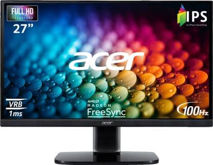 Acer KA 68.58 cm (27 inch) Full HD LED Backlit IPS Panel with sRGB 99%, Multiple connecting features: HDMI and VGA, BlueLightShield Technology, Flicker Free, Tilt-able Stand Monitor (KA270H)(Frameless, AMD Free Sync, Response Time: 1 ms, 100 Hz Refresh Rate)