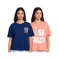 Amazon Brand - Symbol Women's Oversized Fit T-Shirt (AW23-SYM-WTE-201_Ink Blue-Coral Pink L)