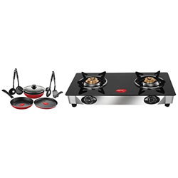Pigeon by Stovekraft Mio Aluminium Gift Set, Red (8 Pieces) and Stovekraft Favourite Glass Top 2 Burner Gas Stove, Manual Ignition, Black