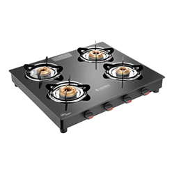 Candes Manual Gas stove 4 burner | 6 mm Toughened Glass | Dies Cast Alloy Burner | LPG Compatible | Doorstep Service | ISI Certified | 1 Year Warranty (4 Burner Magma - Manual)