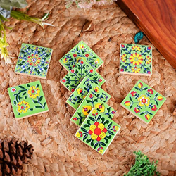 Artook Decor Decorative Ceramic Tile Mosaic Tiles, Floral Motifs, Made in India (Green, 2x2-inches Set of 9)