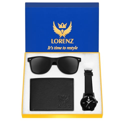 LORENZ Leather Analog Men's Gift Set Combo Of Black Watch Wallet & Sunglasses | Cm-103Sn-Wl-Blk