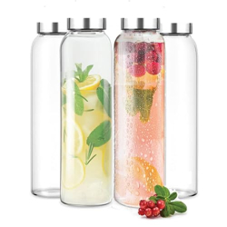 Vency 800ml Glass Water Bottles with Stainless Steel Caps | Leak-Proof, Wide Mouth, Easy to Clean | Perfect for Office, School & College | Set of 4