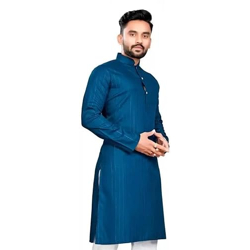 weltpocket Men's Cotton Blend Zari Straight Lining Kurta (LNNG-K-DNM-34_Denim