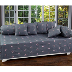 Dynamic Homes Cotton Printed Designer Floral Diwan Set with 8 Pieces - 1 Single bedsheet with 5 Cushions Covers and 2 Bolster Covers (Standard Size, Grey, Pink Dots)