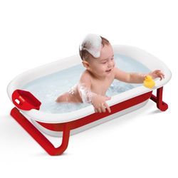 Fisher-Price Foldable Bath Tub/Bathtub for Baby 0 to 3 Years Boys & Girls with Soap Bar Tray, Space Saving Collapsible Design, Easy Drain, Anti-Skid Legs. (Red-W/O Cushion)