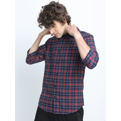 Men Navy Blue & Red Slim Fit Tartan Checks Checked Casual Shirt
