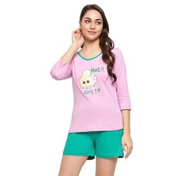 Clovia Women's Cotton Graphic and Text Print Top & Chic Basic Shorts Set (LS0661P12_Purple_S)