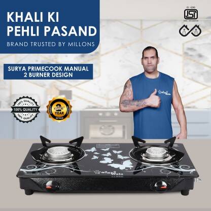 Sigri-wala Surya Primecook Manual Cute Design Toughened Glass Gas Stove Stainless Steel Manual Gas Stove(2 Burners)