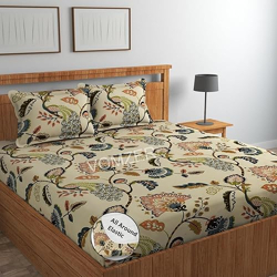 VOMZER Cotton Feel All Around Elastic Fitted Glace Printed Queen Size Double Bed Bedsheet with 2 Large Pillow Covers Fits Upto Mattress of 8 Inches,Size - 60 x 78 x 10 Inches Beige