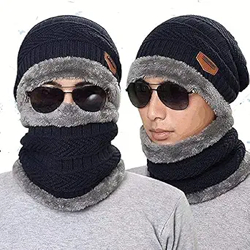 Elegence Living Knit Unisex Snow Proof Wool Beanie Cap with Neck Warmer Set, Pack of 2