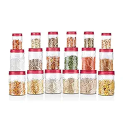 MILTON Vitro Airtight Pet Containers for Kitchen Storage, Food Grade, Stackable, Transparent Organizer Jars, Set Of 18 (6 X 230ml, 6 X 600ml, 6 X 1.18L) for Tea, Coffee, Sugar Red Wine