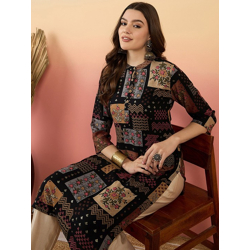 Ethnic Motifs Printed Beads And Stones Mandarin Collar A-Line Kurta