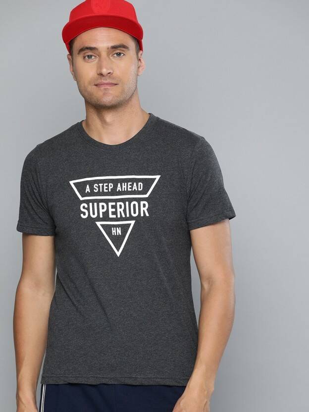 Men Printed Round Neck Pure Cotton Grey T-Shirt